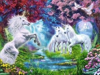 Horned-white-horse-fantasy-art-Blooming-trees-flowers-pigeon-river-bridge-Hd-Wallpaper-1920x1200 (1)