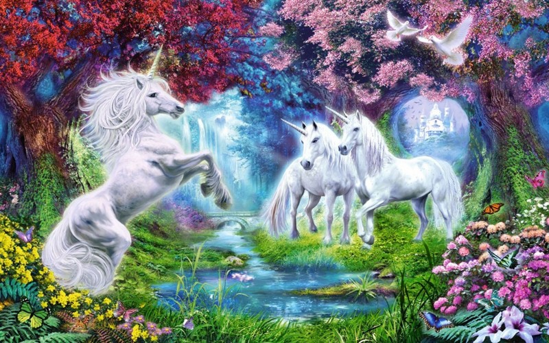 horned-white-horse-fantasy-art-blooming-trees-flowers-pigeon-river-bridge-hd-wallpaper-1920x1200-1