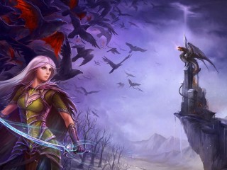 elf-girl-dragon-fantasy-sword-castle-birds-awesome